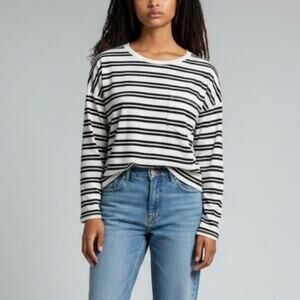 Everlane Black Striped Cotton White Box Cut Pocket Long Sleeve T-Shirt